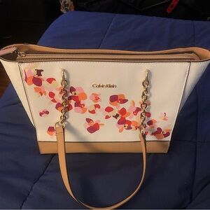 Calvin Klein Embroidered Leather White/Tan Floral Satchel Bag Excellent Cond.